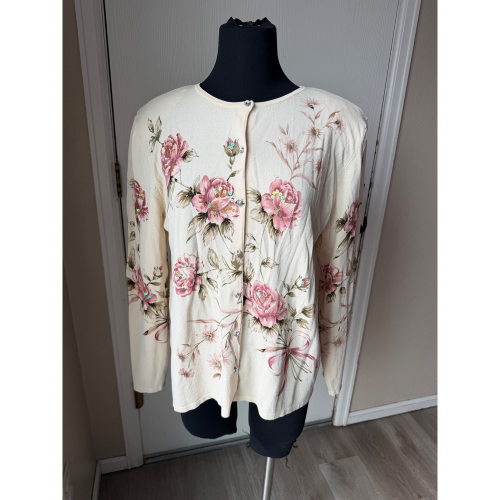 Alfred Dunner Cream Floral Sequin Cardigan Sweater Pink Roses L